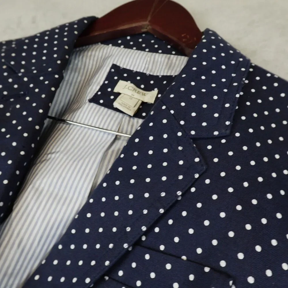 J Crew Schoolboy Blazer Linen Blend Jacket Polka Dots White Navy Women Size 12
